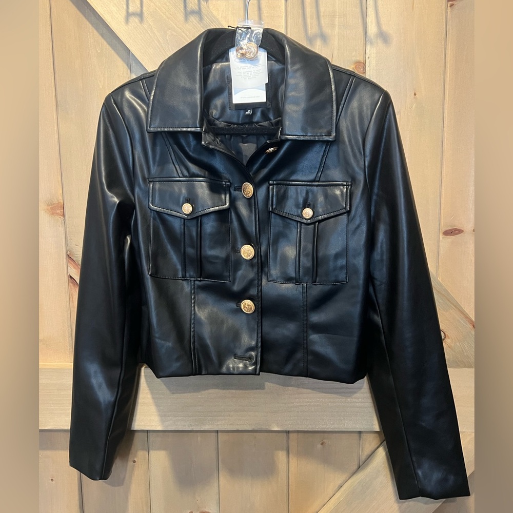 7 for All Mankind faux leather jacket in size medium. Gold buttons. A+